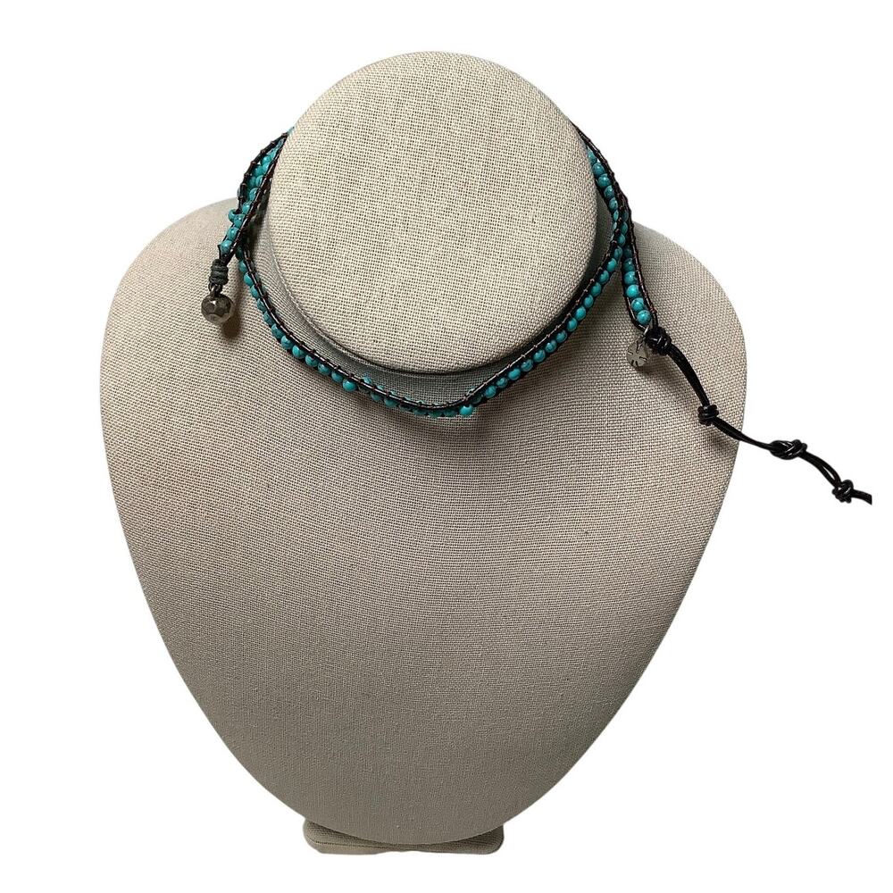 Victoria Emerson Turquoise Beaded Leather Wrap Statement Necklace Boho E3-10